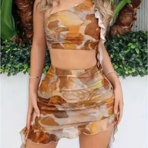 Brown and Tan Marble Print Two-Piece Set